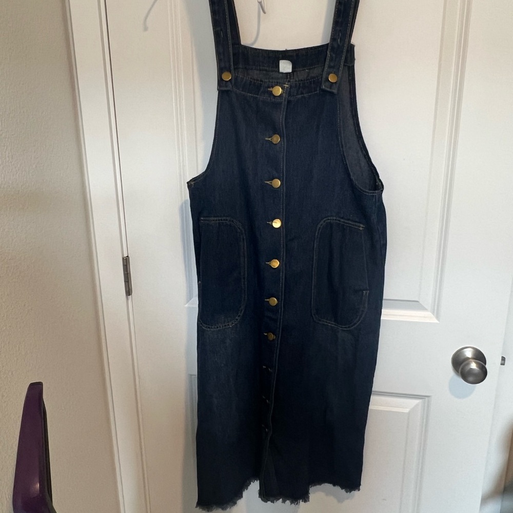Dark Blue Denim Overall Jumper Dress with Buttons.